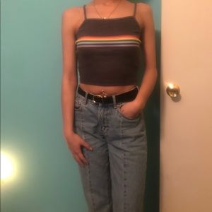 gray crop top with rainbow stripes